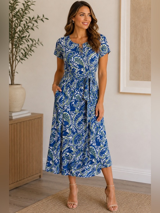 MSK Dresses & Skirts - MSK Blue Green Paisley Belted Midi Dress Size Large